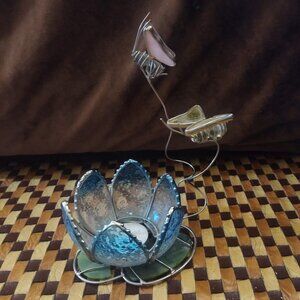 Stained glass lotus flower candle holder with hanging butterflies